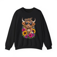 Highland Cow Floral Crewneck Sweatshirt – Sunflower Cow with Bandana & Sunglasses