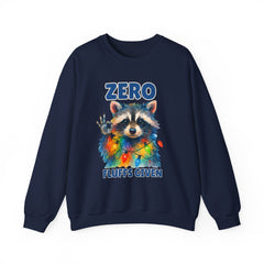 Crewneck Sweatshirt — "Zero Fluffs Given" Raccoon Holiday Gildan Crewneck