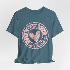 Heart Stamp Tee — Pink 'Love More' Graphic T-Shirt
