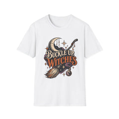 Buckle Up Witches T-Shirt — Retro Moon & Broom Halloween Tee- BP
