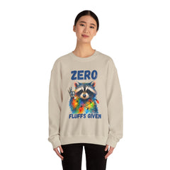 Crewneck Sweatshirt — "Zero Fluffs Given" Raccoon Holiday Gildan Crewneck