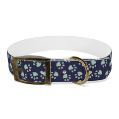 Dog Collar- Navy With Turquoise Paw Prints