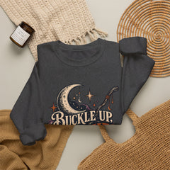 Buckle Up Witches Crewneck Sweatshirt — Retro Moon, Broom & Cauldron Halloween Pullover