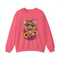 Highland Cow Floral Crewneck Sweatshirt – Sunflower Cow with Bandana & Sunglasses