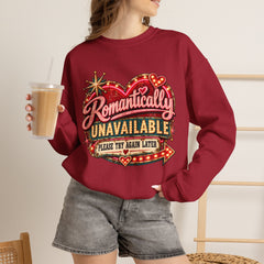 Romantically Unavailable Crewneck Sweatshirt — Retro Heart Neon Sign Valentine Graphic