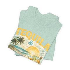 Tequila & Tan Lines Beach T-Shirt — Tropical Sunset Vacation Tee