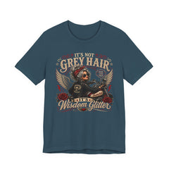It's Not Grey Hair It's Wisdom Glitter T-Shirt — Vintage Skull & Rose Biker Tee for Women & Men