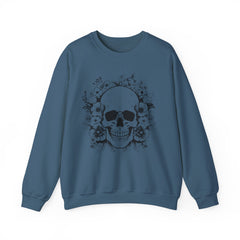 Skull & Floral Crewneck Sweatshirt — Gothic Skull with Flowers Graphic - Halloween