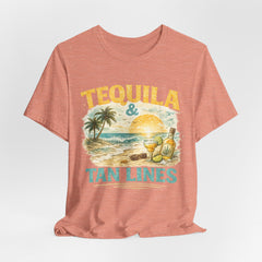 Tequila & Tan Lines Beach T-Shirt — Tropical Sunset Vacation Tee