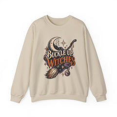 Buckle Up Witches Crewneck Sweatshirt — Retro Moon, Broom & Cauldron Halloween Pullover
