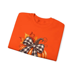 Fall Pumpkin Crewneck Sweatshirt – Buffalo Check Bow & Autumn Leaves