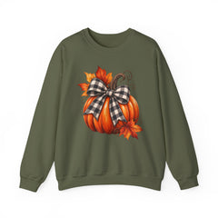 Fall Pumpkin Crewneck Sweatshirt – Buffalo Check Bow & Autumn Leaves