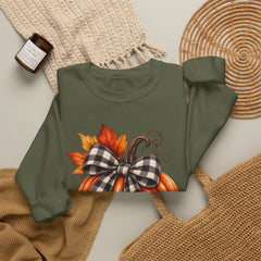 Fall Pumpkin Crewneck Sweatshirt – Buffalo Check Bow & Autumn Leaves