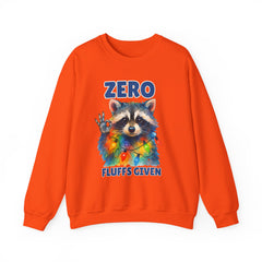 Crewneck Sweatshirt — "Zero Fluffs Given" Raccoon Holiday Gildan Crewneck
