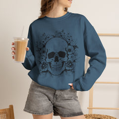 Skull & Floral Crewneck Sweatshirt — Gothic Skull with Flowers Graphic - Halloween