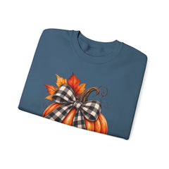 Fall Pumpkin Crewneck Sweatshirt – Buffalo Check Bow & Autumn Leaves