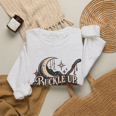 Buckle Up Witches Crewneck Sweatshirt — Retro Moon, Broom & Cauldron Halloween Pullover