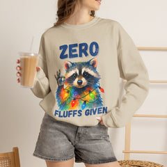 Crewneck Sweatshirt — "Zero Fluffs Given" Raccoon Holiday Gildan Crewneck