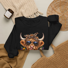 Highland Cow Floral Crewneck Sweatshirt – Sunflower Cow with Bandana & Sunglasses