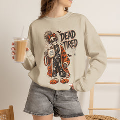 Dead Tired Halloween Crewneck Sweatshirt – Sleepy Skeleton Coffee Graphic Halloween
