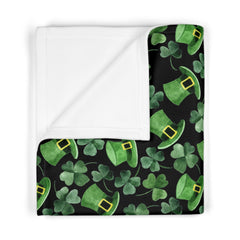 St. Patrick's Day Soft Fleece Dog Blanket - Shamrocks & Leprechaun Hats