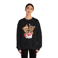 Yorkshire Terriers in Coffee Cup Sweatshirt - Valentine's Day Cuteness