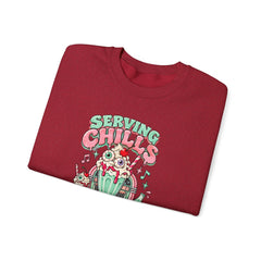 "Serving Chills with Extra Whipped Cream" Cozy Graphic Pullover Sweatshirt- Halloween