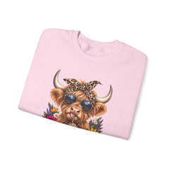 Highland Cow Floral Crewneck Sweatshirt – Sunflower Cow with Bandana & Sunglasses
