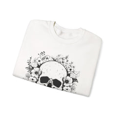 Skull & Floral Crewneck Sweatshirt — Gothic Skull with Flowers Graphic - Halloween