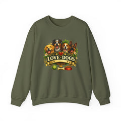 Love Dogs Crewneck Sweatshirt — Cute Paw Print & Dog Portraits Graphic