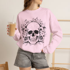 Skull & Floral Crewneck Sweatshirt — Gothic Skull with Flowers Graphic - Halloween