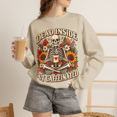 Skeleton Coffee Sweatshirt, Dead Inside But Caffeinated Crewneck, Halloween Gift, Unisex Fall Apparel, Cozy Lounge Wear