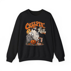 Halloween Ghost Sweatshirt — “Creepin’ It Real” Retro Pumpkin Graveyard Crewneck
