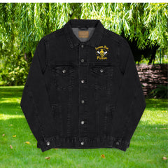 QueenBeeFizzin Embroidered Unisex Denim Jacket - Trendy Casual Wear for All, Perfect for Fashion Lovers, Black & Blue Denim