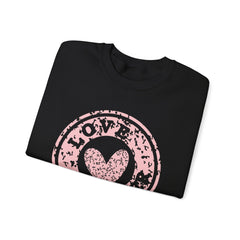 Crewneck Sweatshirt — Pink 'Love More' Heart Stamp Graphic