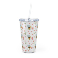 Bee-themed Plastic Tumbler with Straw, Eco-friendly Drinkware, Floral Cup, Summer Hydration, Cute Gift for Bee Lovers