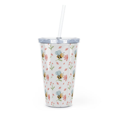 Bee-themed Plastic Tumbler with Straw, Eco-friendly Drinkware, Floral Cup, Summer Hydration, Cute Gift for Bee Lovers