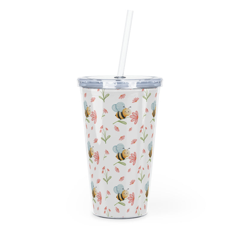 Bee-themed Plastic Tumbler with Straw, Eco-friendly Drinkware, Floral Cup, Summer Hydration, Cute Gift for Bee Lovers