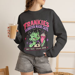 Frankie’s Monstermash Café Sweatshirt — Retro Cute Frankenstein Milkshake Halloween Crewneck