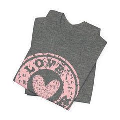 Heart Stamp Tee — Pink 'Love More' Graphic T-Shirt