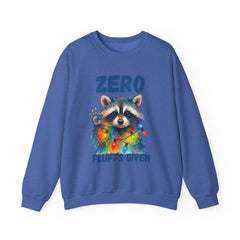 Crewneck Sweatshirt — "Zero Fluffs Given" Raccoon Holiday Gildan Crewneck