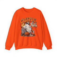 Halloween Ghost Sweatshirt — “Creepin’ It Real” Retro Pumpkin Graveyard Crewneck