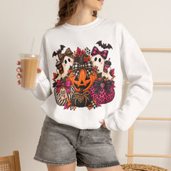 Halloween Pumpkin & Ghost Crewneck Sweatshirt — Cute Spooky Pink Leopard Fall Graphic