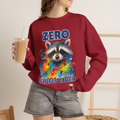 Crewneck Sweatshirt — "Zero Fluffs Given" Raccoon Holiday Gildan Crewneck