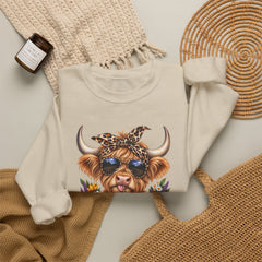 Highland Cow Floral Crewneck Sweatshirt – Sunflower Cow with Bandana & Sunglasses