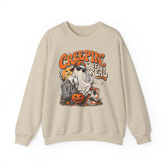 Halloween Ghost Sweatshirt — “Creepin’ It Real” Retro Pumpkin Graveyard Crewneck