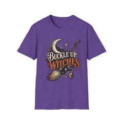 Buckle Up Witches T-Shirt — Retro Moon & Broom Halloween Tee- BP