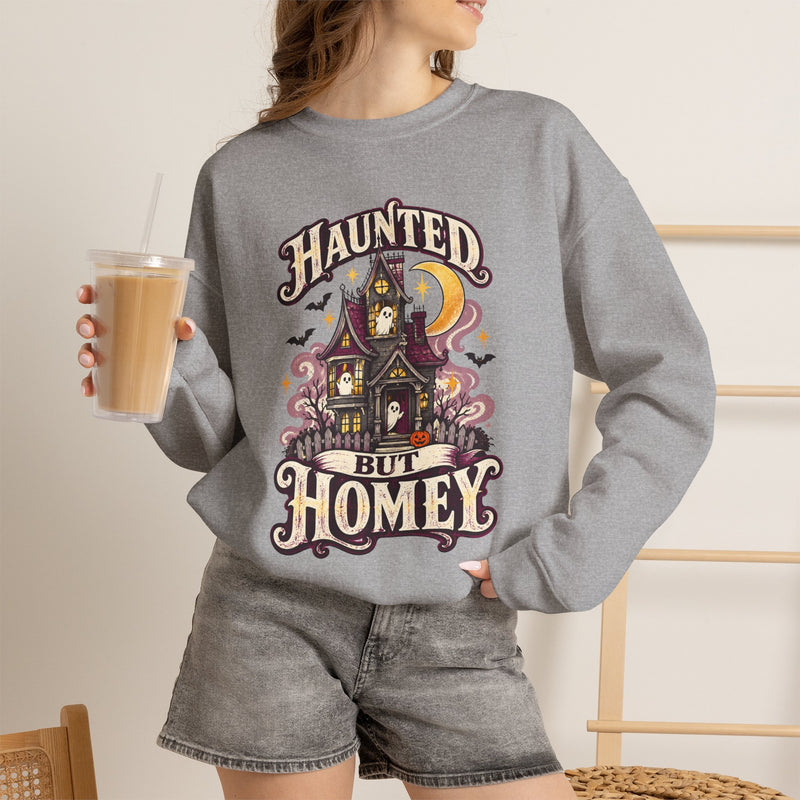 Haunted But Homey Sweatshirt — Cozy Halloween Haunted House Crewneck