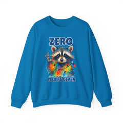 Crewneck Sweatshirt — "Zero Fluffs Given" Raccoon Holiday Gildan Crewneck