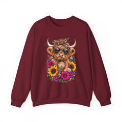 Highland Cow Floral Crewneck Sweatshirt – Sunflower Cow with Bandana & Sunglasses